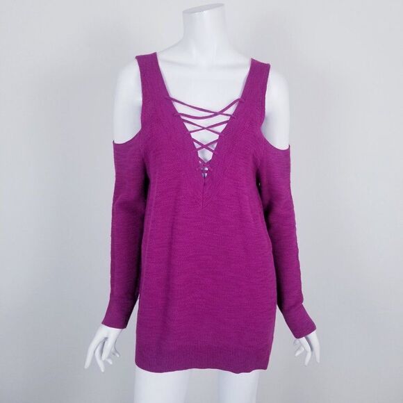 Express Pink Lace Up Cold Shoulder Sweater Medium - Picture 1 of 6